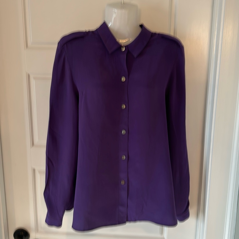 Purple 100% silk long sleeve paperwhite blouse size 10.